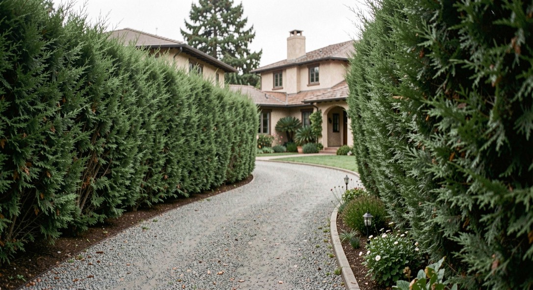 Gravel lane curving behind tall hedges toward a Monterey style courtyard home