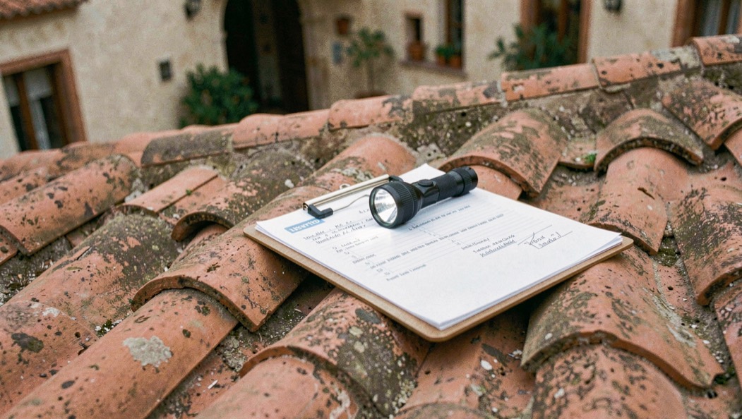 Inspector clipboard and flashlight resting on clay roof tiles above a Spanish courtyard