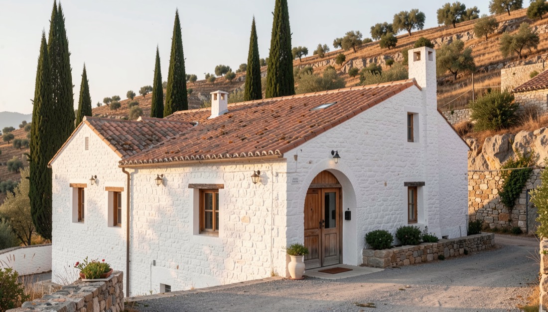 Whitewashed stone house with a terracotta tile roof and arched wooden door among cypress trees on a dry hillside
