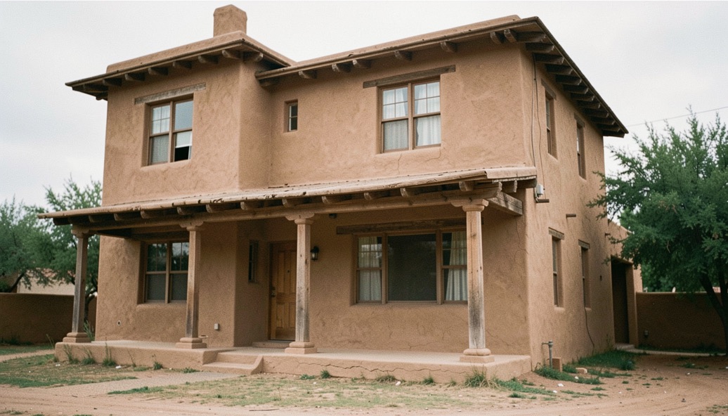 Two story adobe house with a balanced facade, small porch columns and deep eaves
