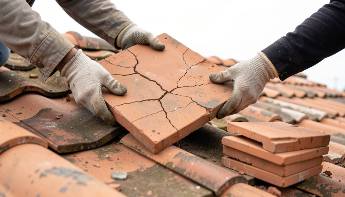 Gloved hands lifting a cracked terracotta tile from a tiled roof slope, spare tiles stacked beside