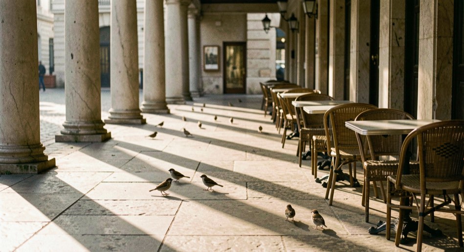 Colonnaded walkway at sunrise with long shadows, sparrows and empty cafe chairs