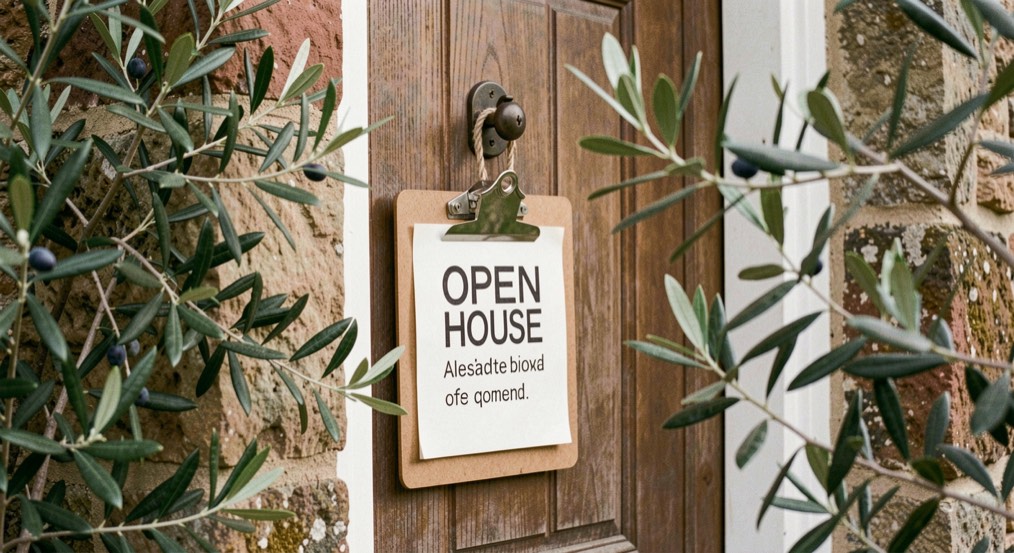 Open house clipboard hanging on the front door of a garden cottage beside olive branches