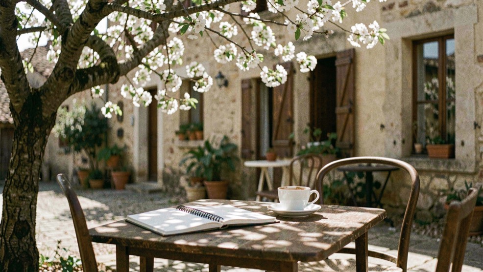 Cafe table with notebook, coffee and dappled shade from a flowering tree on a village patio
